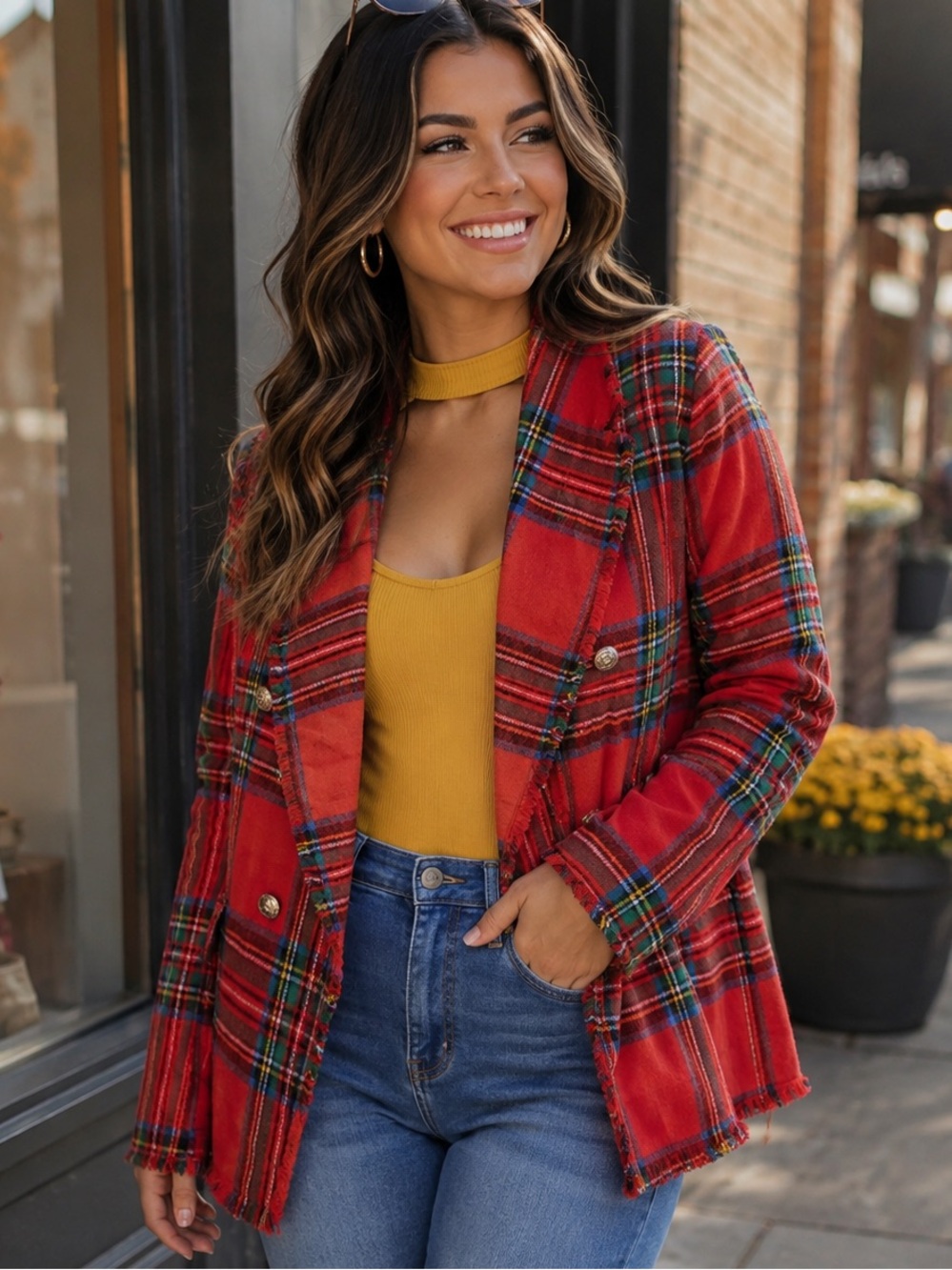 . Shop Hope’s Christmas/Holiday Red Multicolor Plaid Button Blazer